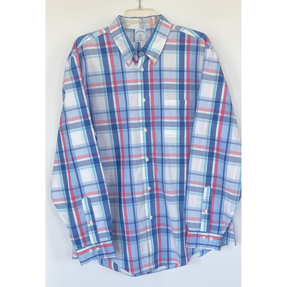 Brooks Brothers Regent Non Iron Shirt Mens XL Blue Pink Plaid Button Down Cotton - Picture 1 of 6